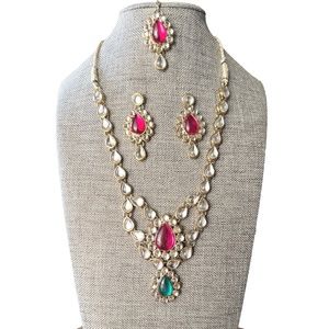 Indian Pink and Green Kundan Necklace with Earrings and Mangtikka
